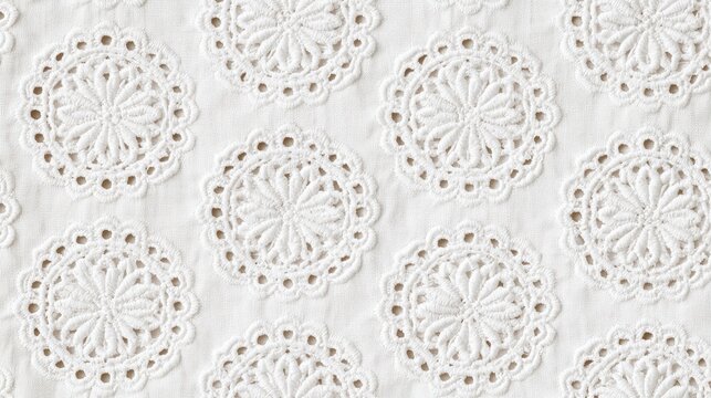 Seamless white eyelet fabric with scattered floral motifs. Ideal for fashion, bedding, or DIY projects.