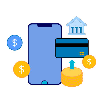 Fintech mobile payment vector concept illustration with credit card bank and coins for online banking and transaction