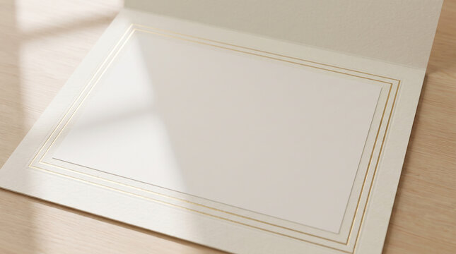 Gold foil double frame border on white folded card creates luxury aesthetic for upscale wedding events and high end dinner menu designs.