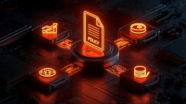 A centralized policy document glows brightly on a digital circuit board with connected data icons. Concept for business security and enterprise digital infrastructure.
