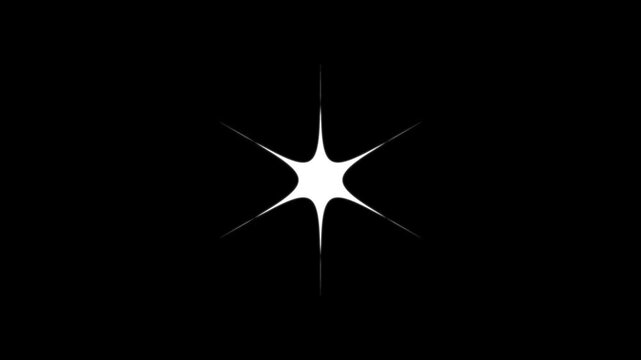 Single star glitter, sparkle & twinkle white cartoon doodle animation, flat vector glowing stars, fireworks & magic flash light effect overlay on transparent alpha channel black background..