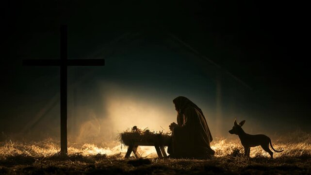 Jesus Christ prays at the manger during a quiet night. The scene is filled with soft light, showing a cross nearby and an animal standing close.
