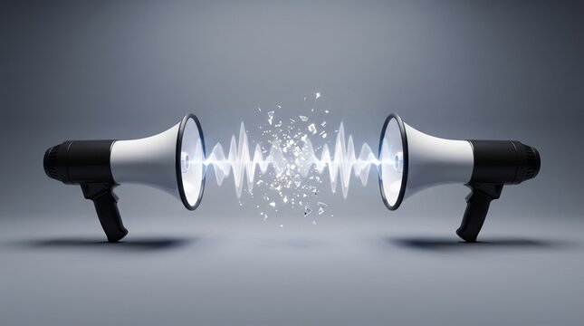 Two modern megaphones facing each other creating powerful glowing sound waves with sparkling glass particles in between