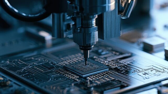 Industrial microchip manufacturing machine working on a printed circuit board with precision lighting. High tech electronics production concept for industrial technology ads.