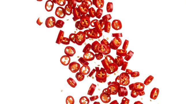 Falling fresh red chili pepper rings isolated on white background