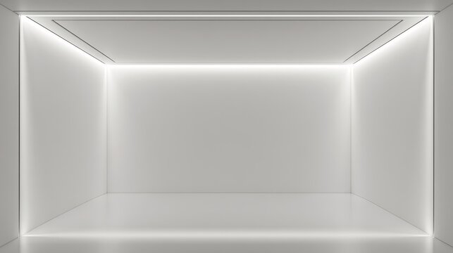 Minimalist white empty room with bright led strip lighting on walls and ceiling. Perfect background template for product presentation and modern interior design concepts.