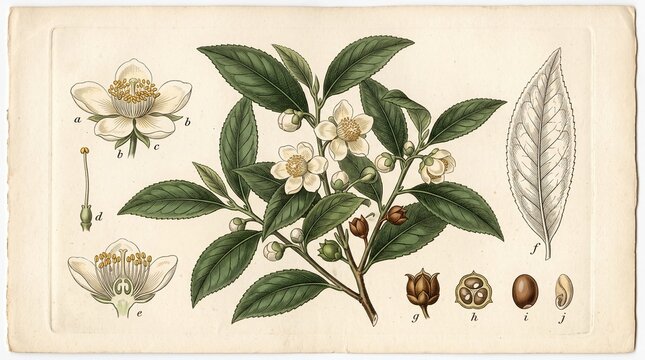 Botanical illustration of Camellia sinensis tea plant