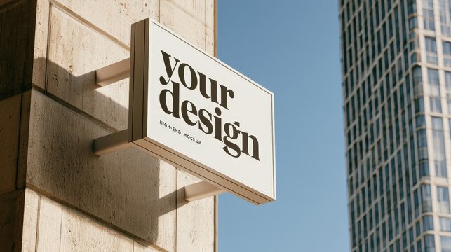 Horizontal rectangular sign mockup attached to an urban wall in crisp sunlight. Ideal for retail storefront branding and advertising ads.