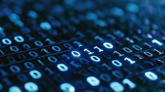 Abstract background with glowing blue binary code numbers.