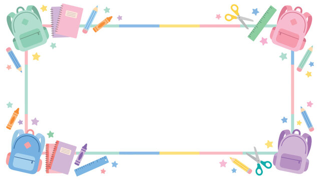 Colorful border frame of school supplies including backpacks pencils notebooks and scissors for educational themed scenes.