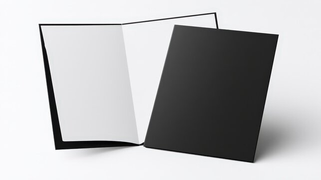 Black presentation folders mockup on clean white background. Ideal for corporate branding and stationery design presentations.