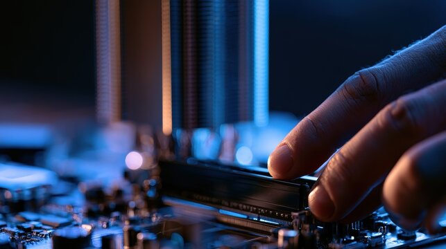 Technician installing RAM memory module into motherboard in dark blue light. Ideal for computer hardware repair and tech upgrade concepts.
