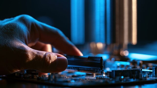 Close-up of a technician hand inserting RAM modules into a gaming computer motherboard. Excellent concept for hardware upgrades and professional tech services.