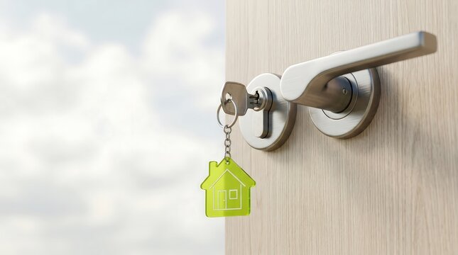 Open wooden door with house shaped green key chain hanging from lock during daytime