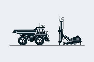 Autonomous Mining Dump Truck and Crawler Drilling Rig Vector Illustration on a Simple Background © Riyad