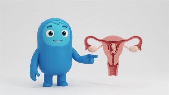 Cute 3D Blue Mascot Character Explaining Breech Pregnancy Fetus Position in Human Womb Anatomy