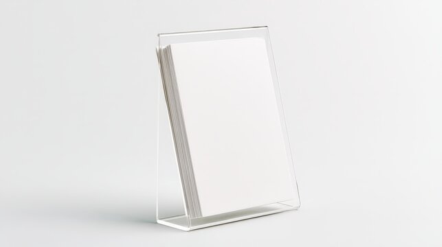 Transparent acrylic menu holder with blank leaflets isolated on white background. Ideal for tabletop restaurant advertising and corporate branding mockups.
