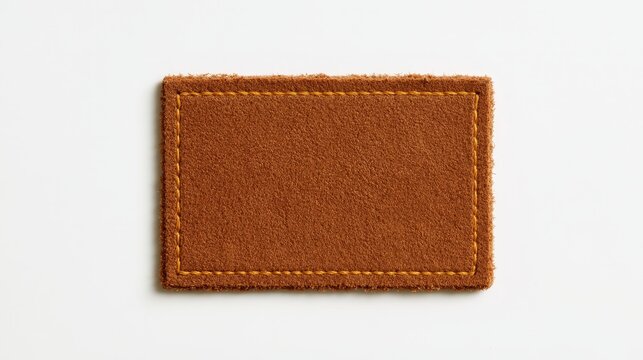 Blank brown leather patch with stitching isolated on white background. Ideal for clothing brand mockup and garment label design.