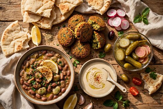 Traditional Egyptian breakfast with ful medames and falafel taameya on rustic wooden table