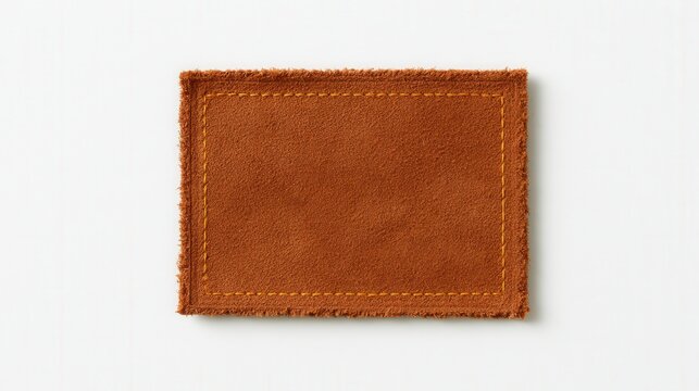 Brown suede leather patch with yellow stitching isolated on white background. Blank clothing label mockup for fashion branding concepts.