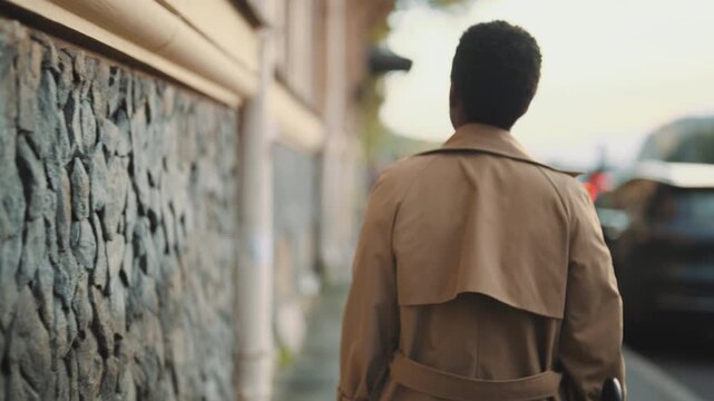 Female city dweller walking alone in downtown in autumn day, follow back view. Traveling and touching history, woman stroking old wall of stone building in city, tourism in holidays and explore world