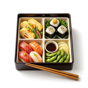Japanese bento box with sushi nigiri edamame and egg roll japanese food asian cuisine chopsticks traditional restaurant appetizer culinary nutrition delicious