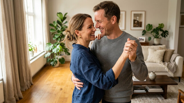 Happy couple dancing together in living room, celebrating relationship milestone
