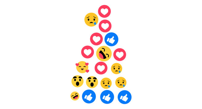 Social media floating reaction icons, live stream emoji feedback symbols, digital thumbs up like love heart haha wow and sad crying faces UI elements vector