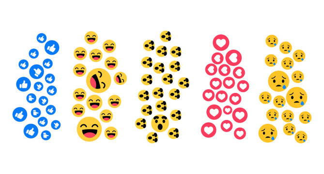 Social media flying reaction icons, floating live stream emoji feedback symbols, digital thumbs up like love heart haha wow and sad crying faces vector