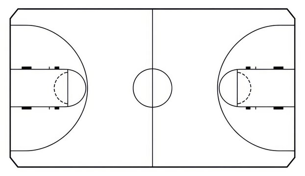 Black and white line drawing of a basketball court layout with copy space