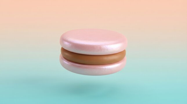 3D render of a pink macaroon cookie isolated on a soft pastel gradient background
