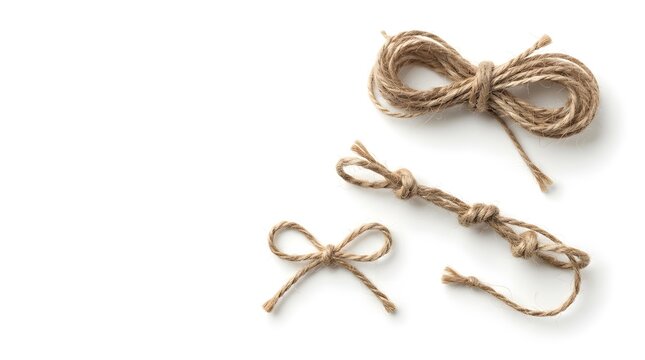 Natural jute twine rope knots and bows arranged creatively on clean white studio backdrop surface.