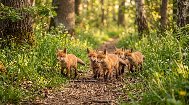 Group of fox cubs walking on a forest path