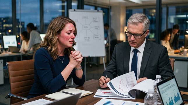 Distressed businesswoman crying and begging for second chance during tough performance evaluation with senior manager in office