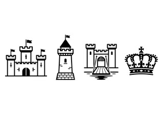 Fototapeta premium Set of monochromatic castle tourism vector icons featuring medieval fortresses towers and a royal crown for historical design