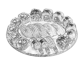 Hand drawn sushi platter illustration, monochrome pencil sketch japanese food set, maki rolls and nigiri artwork for restaurant menu design isolated PNG with Transparent Background © riponhossain