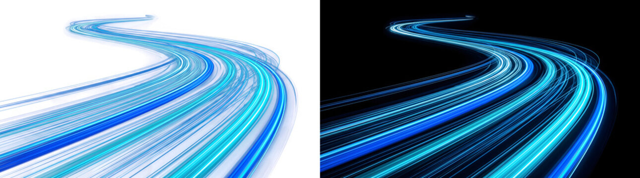 Light streaks in blue and cyan wind into a curving speed highway with PNG, Transparent and Black Background Versions