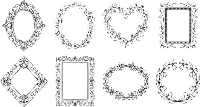 Vintage vector frames set featuring ornate botanical wreaths and classic decorative borders in black and white ink style