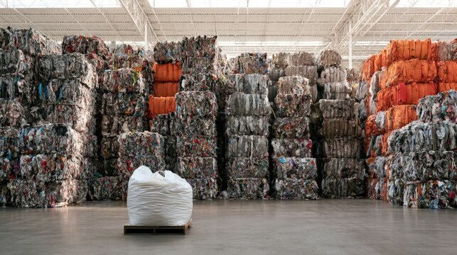 Large warehouse filled with stacks of compressed plastic and textile bales for industrial recycling. This scene represents sustainable waste management and global circular economy initiatives.