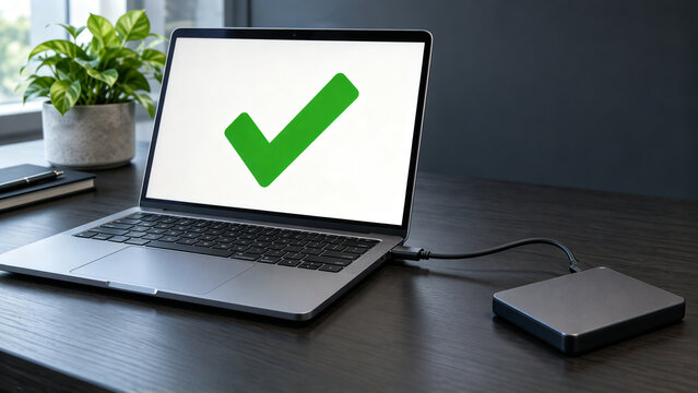 Laptop connected to external hard drive showing green checkmark on screen for successful data backup on wooden desk in modern office