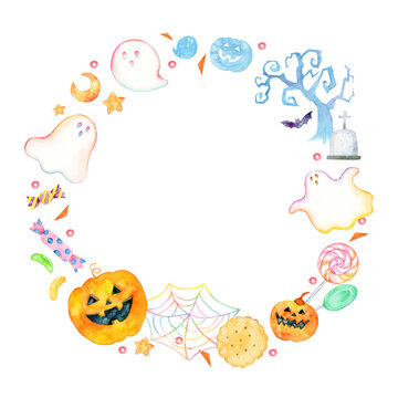 ハロウィン 円形 丸 フレーム 水彩 イラスト