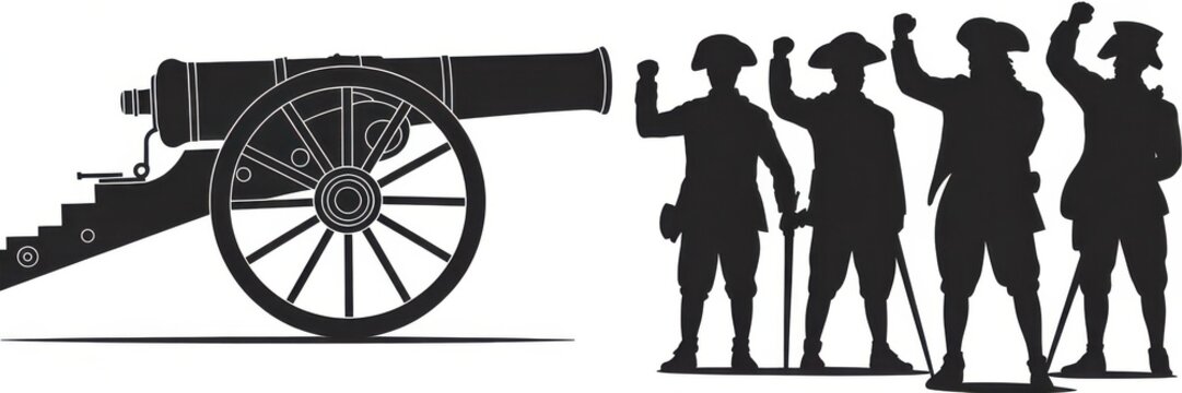 Independence Day silhouette with historical soldiers and cannon on white