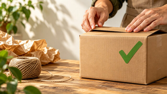 Person packing eco friendly cardboard box with green checkmark symbol on wooden table for sustainable small business shipping