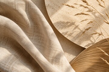 Draped linen fabric with dried wheat shadow, warm textile background