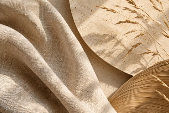 Draped linen fabric with dried wheat shadow, warm textile background