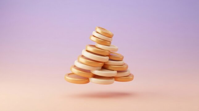 3D render of a golden coin stack forming a pyramid shape isolated on gradient background