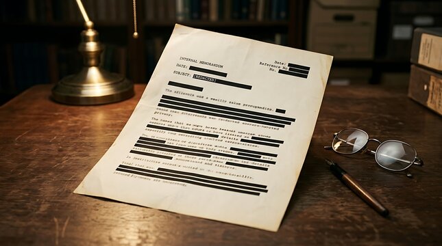 Censored document with black redacted lines on a wooden desk