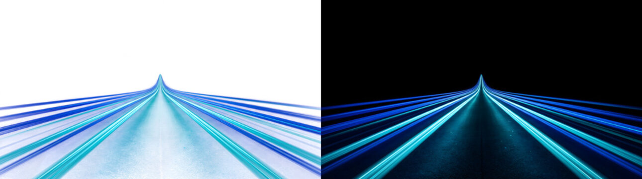 Light streaks in blue and teal converge into a perspective speed road with PNG, Transparent and Black Background Versions