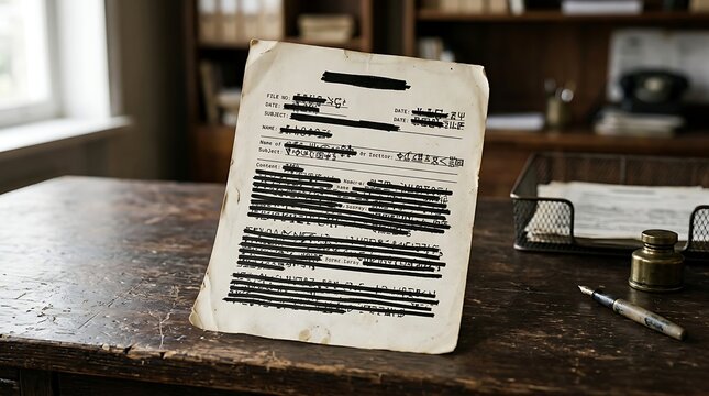 Old paper document with redacted text on a wooden desk