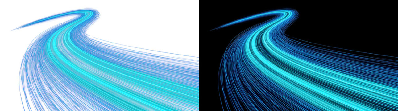 Light streaks in blue and teal bend into a smooth flowing s curve with PNG, Transparent and Black Background Versions